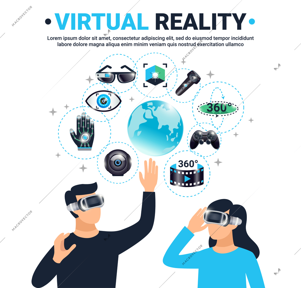 Colored virtual reality poster with man and woman in glasses and place for text vector illustration