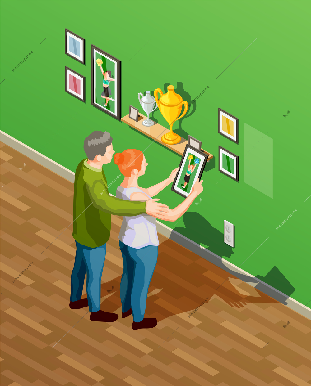 Parents looking at photos and being proud of their daughter cheerleader 3d isometric vector illustration