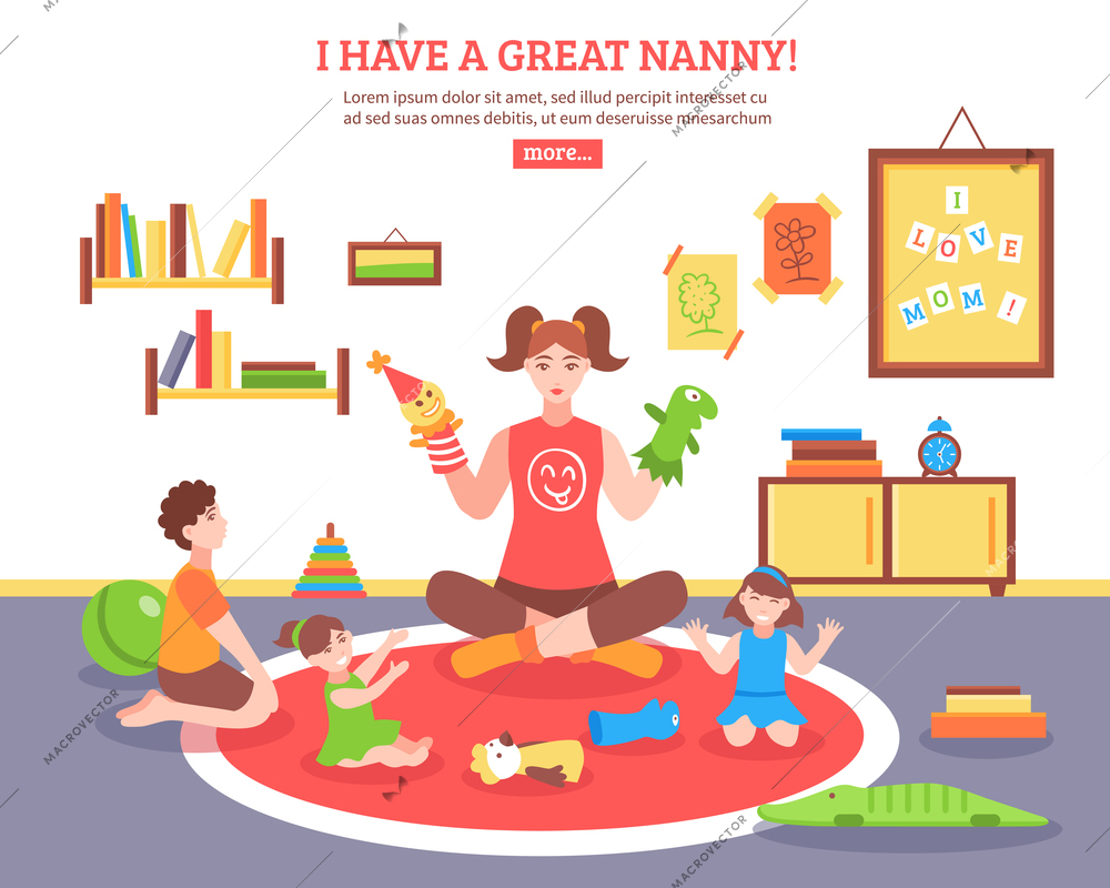 Babysitter concept  with nanny children and toys in the room  flat vector illustration