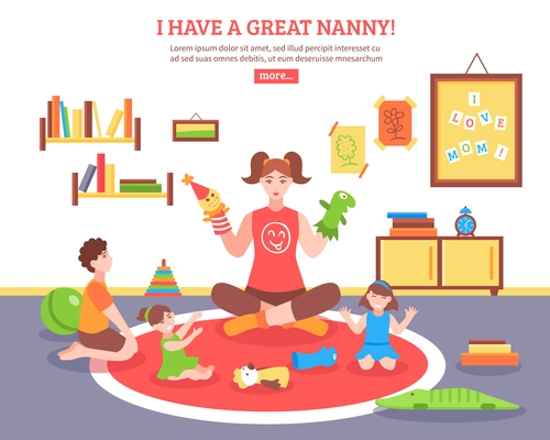 Babysitter concept  with nanny children and toys in the room  flat vector illustration