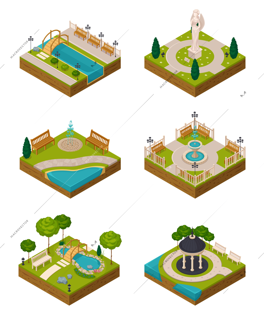 Set of isometric landscape design compositions for city constructor with trees ponds fountain benches isolated vector illustration