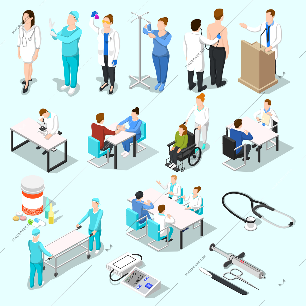 Isometric people doctor set of isolated medical equipment pills and human characters of doctor and patients vector illustration