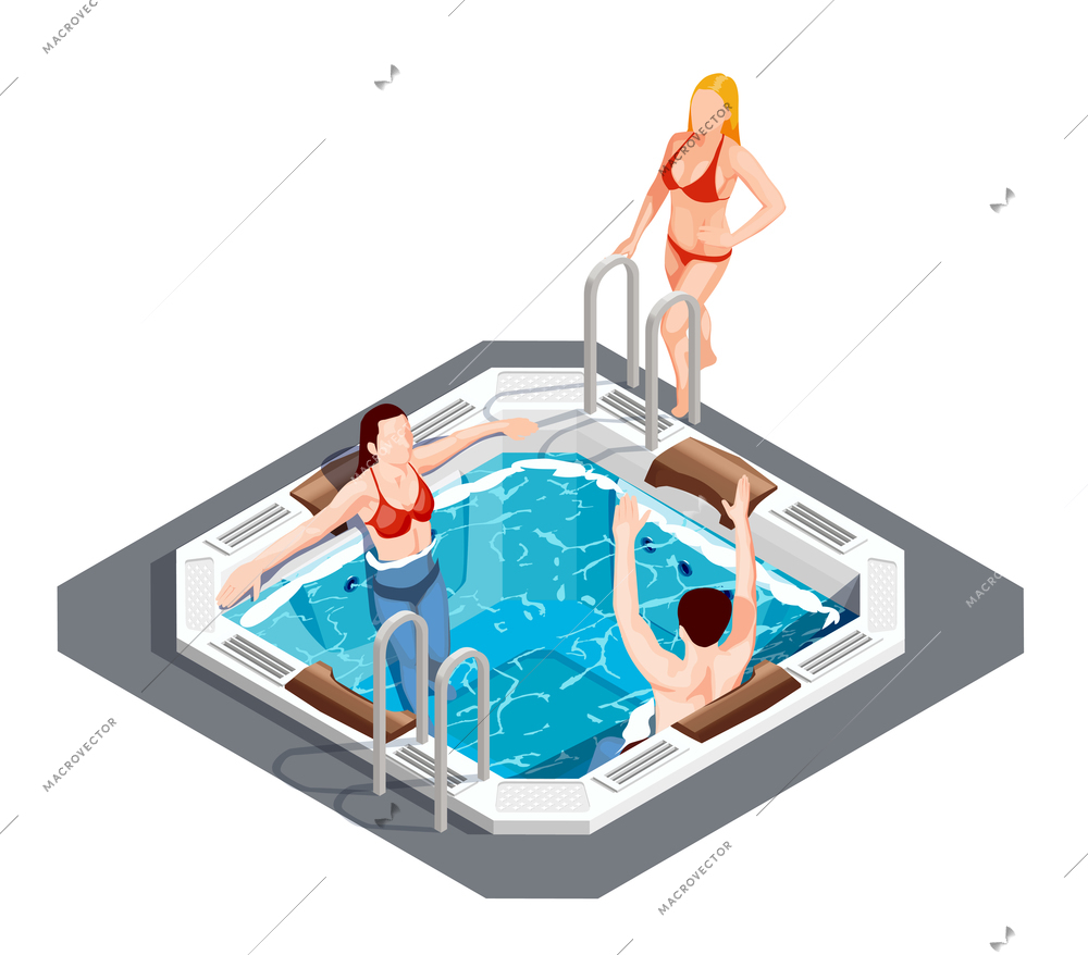 Young people having fun in hot tub at water park on white background 3d isometric vector illustration