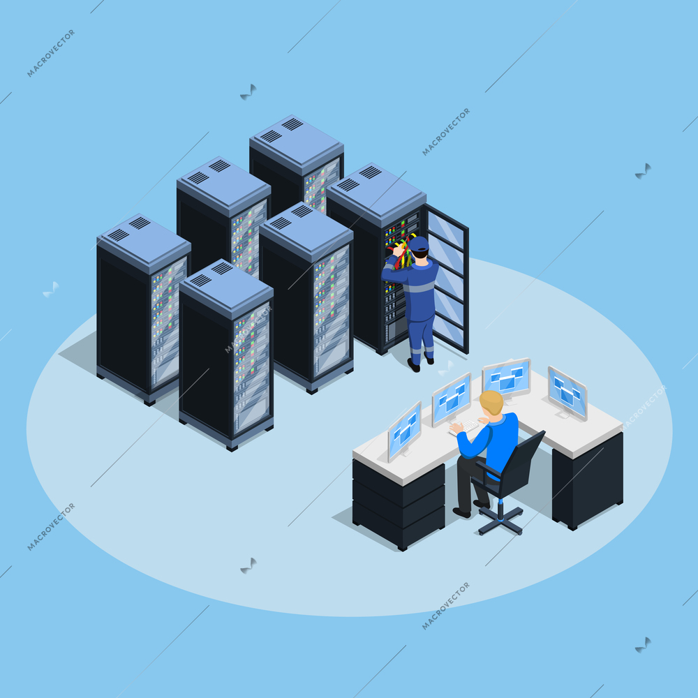 Datacenter composition with isometric server farm rack images network enclosure equipment control board and human characters vector illustration