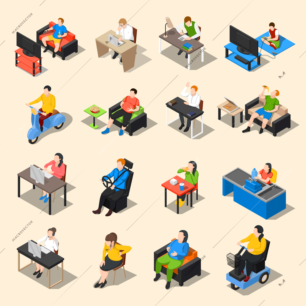 Sedentary icon isometric collection of sixteen isolated image compositions of sitting human characters at different work vector illustration