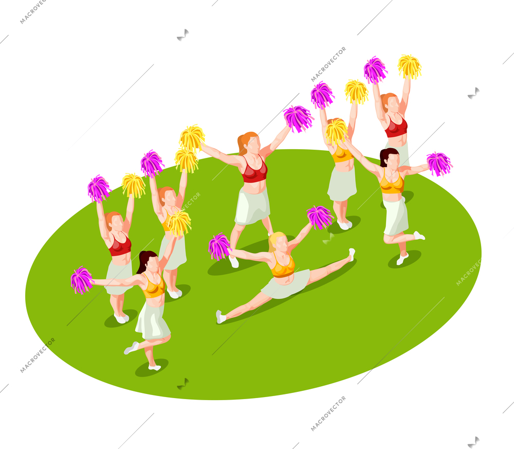 Cheerleading dancers with colorful pompons performing on green floor 3d isometric vector illustration