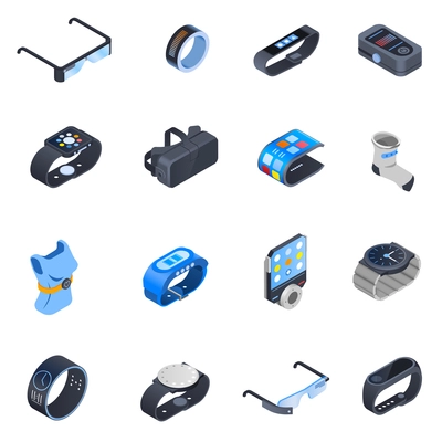 Set of isometric icons with wearable technology including watches, augmented reality glasses, smart clothing isolated vector illustration