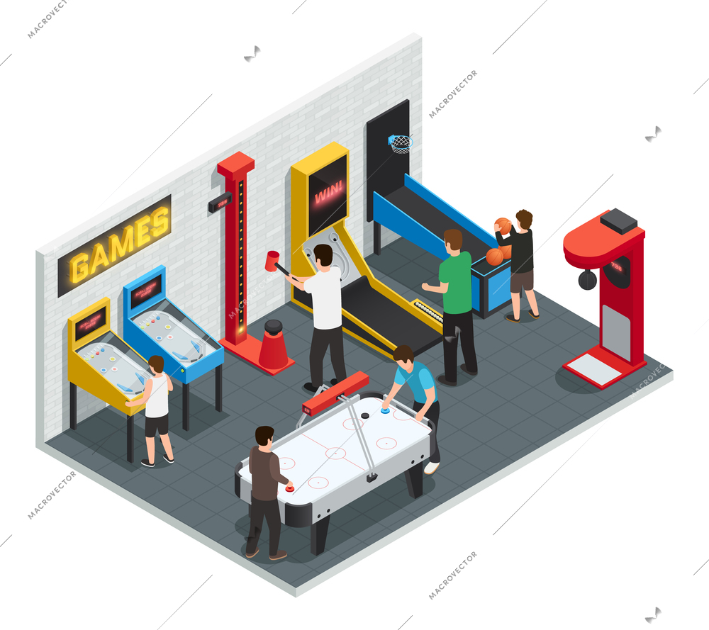 Isometric 3d game club interior colored concept people play games in entertainment center vector illustration