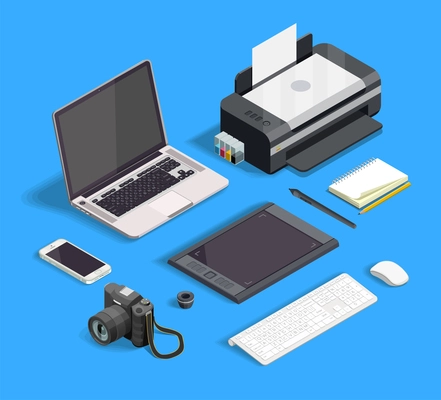 Isometric set of tools for graphic design isolated on blue background 3d vector illustration