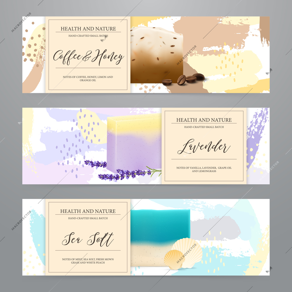 Natural soap bars with sea salt honey coffee lavender packaging 3 realistic horizontal banners set vector illustration