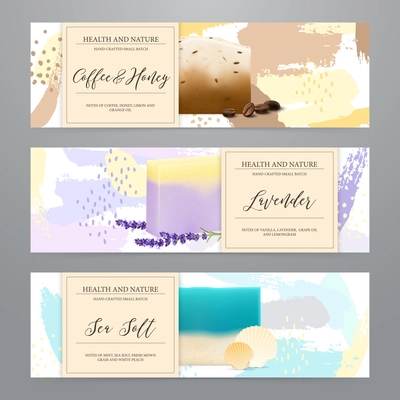 Natural soap bars with sea salt honey coffee lavender packaging 3 realistic horizontal banners set vector illustration