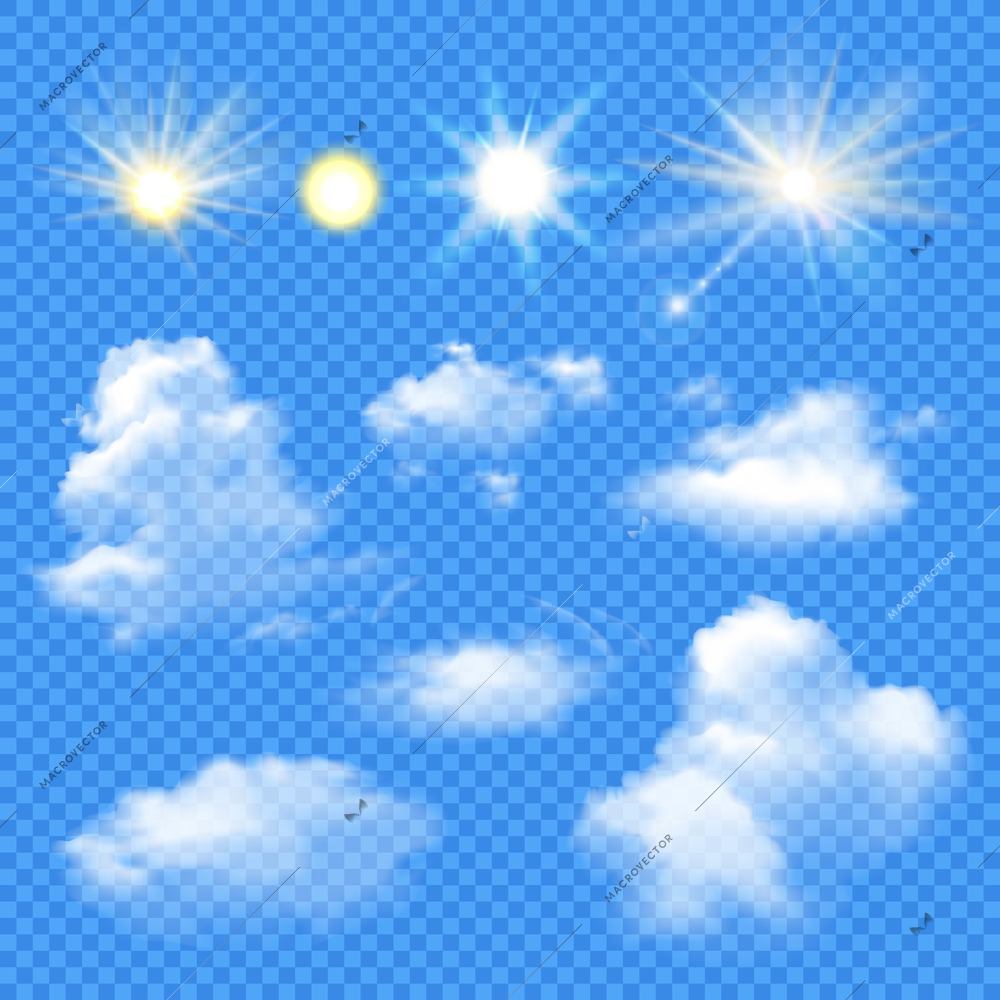 Set of sun in different brightness and clouds of various shape on transparent background isolated vector illustration