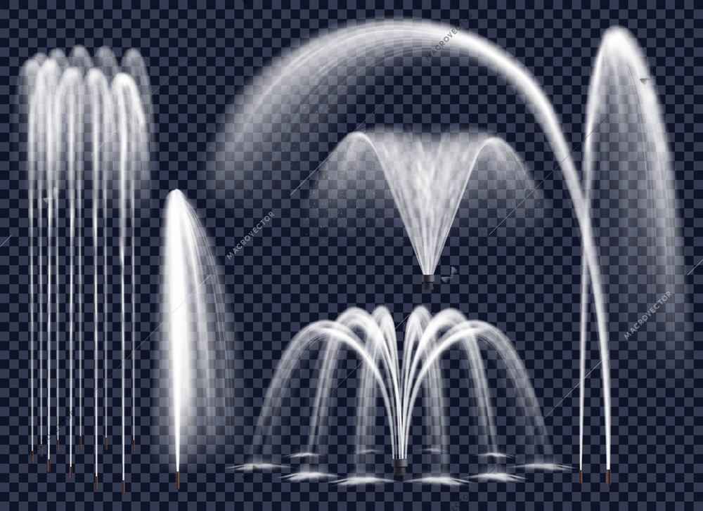 Set of realistic fountains with water jets in various geometric combination on transparent background isolated vector illustration