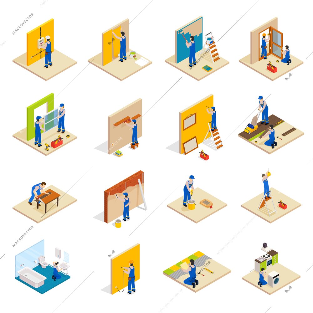 Home repair isometric set with workers doing maintenance isolated vector illustration