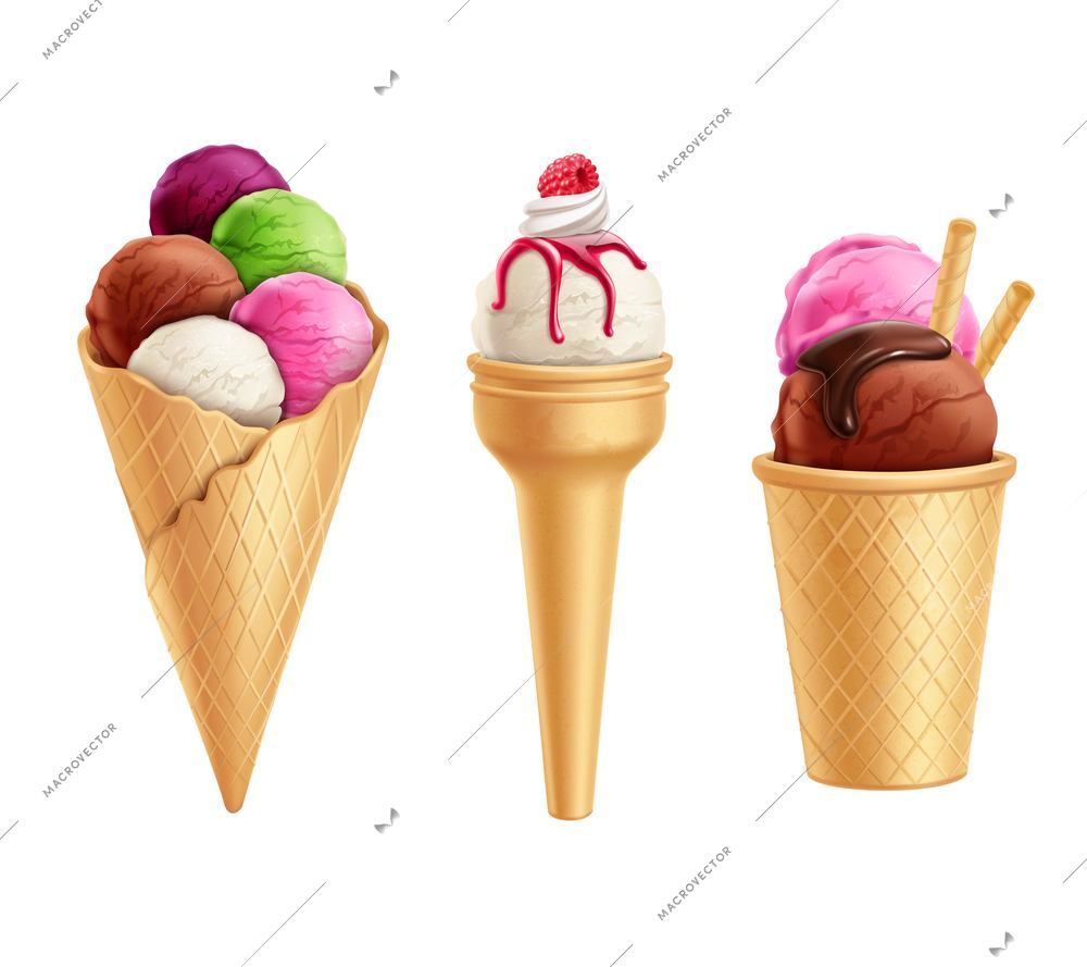 Set of realistic colorful ice cream in waffle cones with berry and chocolate syrup isolated vector illustration