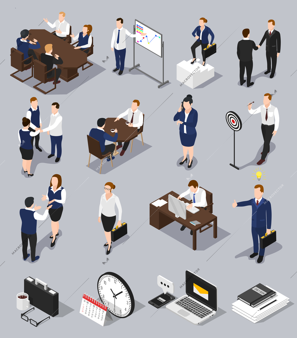 Isometric people business collection with isolated conceptual images of human characters with office machines and equipment vector illustration