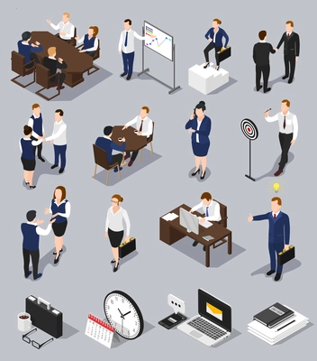 Isometric people business collection with isolated conceptual images of human characters with office machines and equipment vector illustration