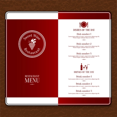 Red design restaurant menu list template with dishes and drinks names vector illustration