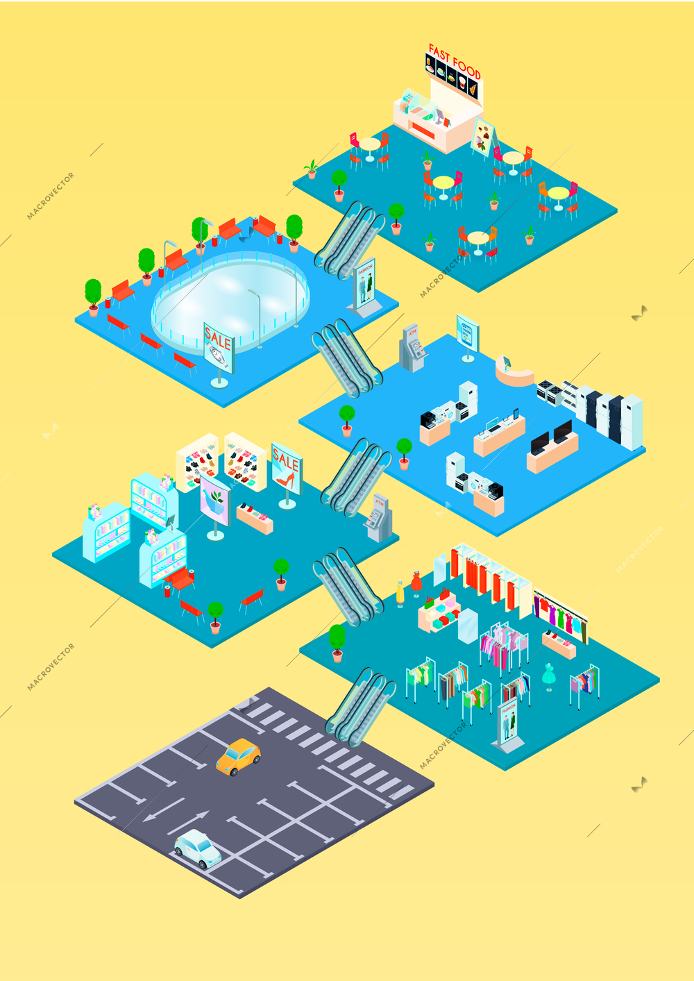 Shopping mall isometric infographics template with floor plan inside interiors and parking diagram vector illustration