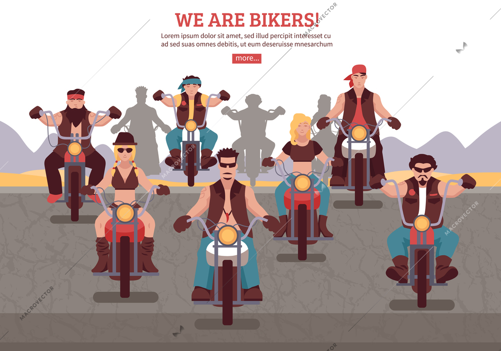 Bikers background with men women riding motorbikes flat vector illustration