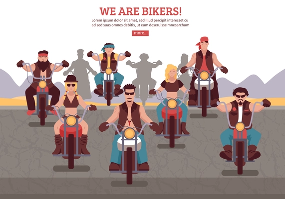 Bikers background with men women riding motorbikes flat vector illustration