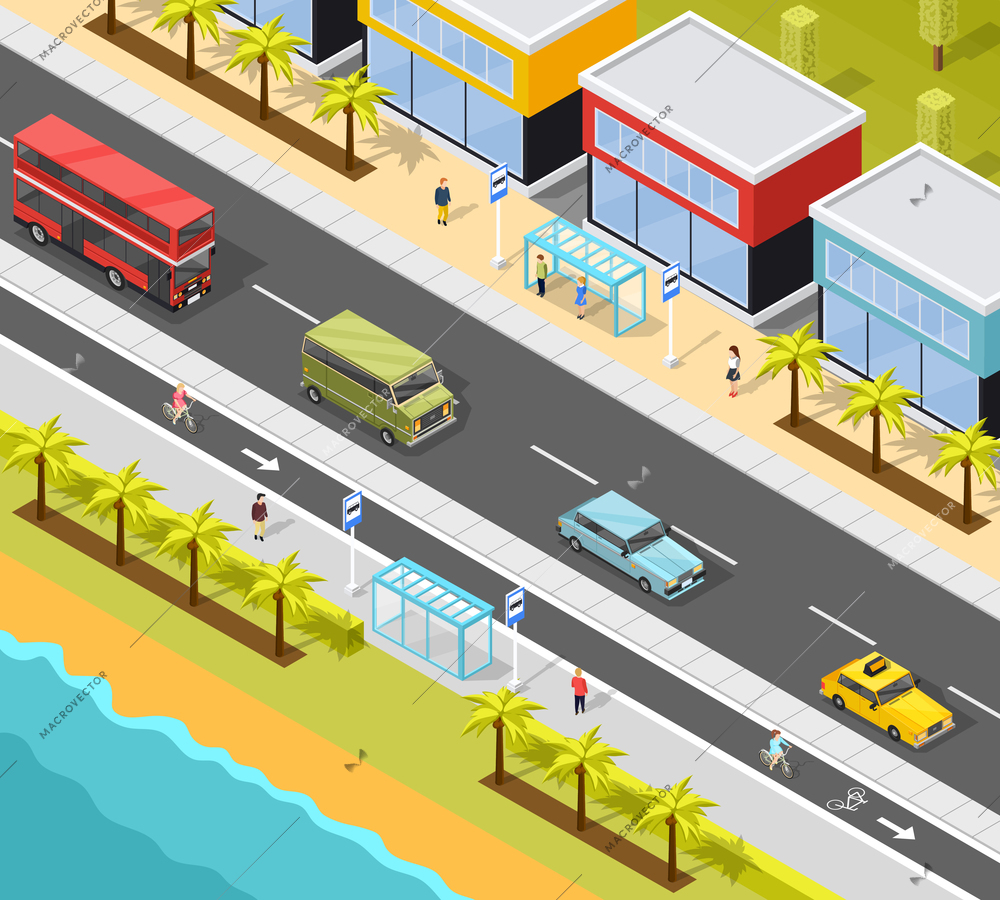 Transport conceptual composition of resort town beach scenery and road with bus stops and different vehicles vector illustration
