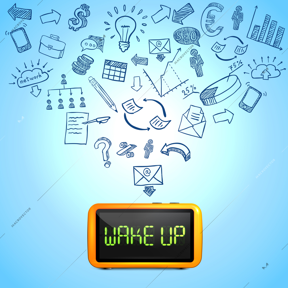 Business morning composition with 3d clock hand drawn icons of work processes on blue background vector illustration