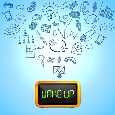 Business morning composition with 3d clock hand drawn icons of work processes on blue background vector illustration