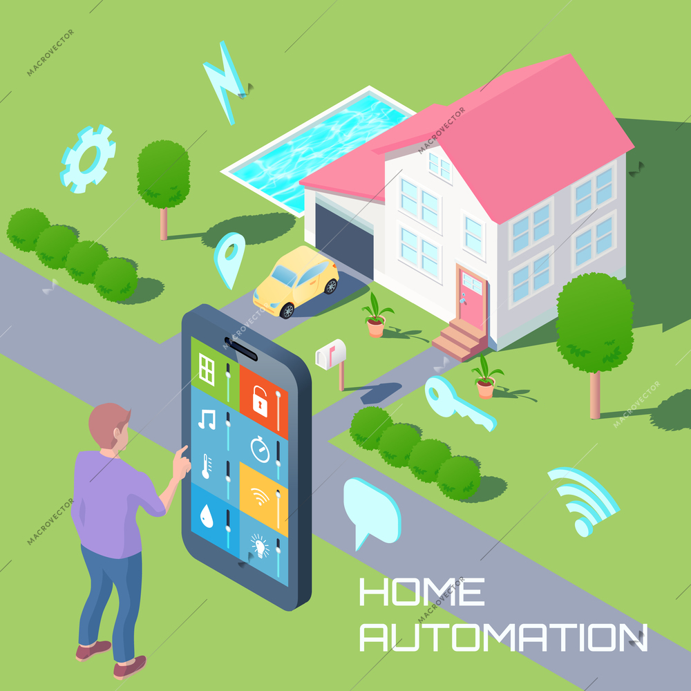 Home automation isometric design composition with man monitoring household devices by smartphone and smart house background vector illustration
