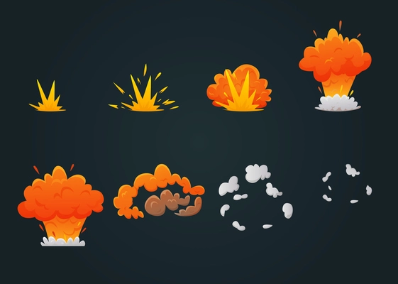 Colored explosion animation icon set with explosion process step by step on black background vector illustration