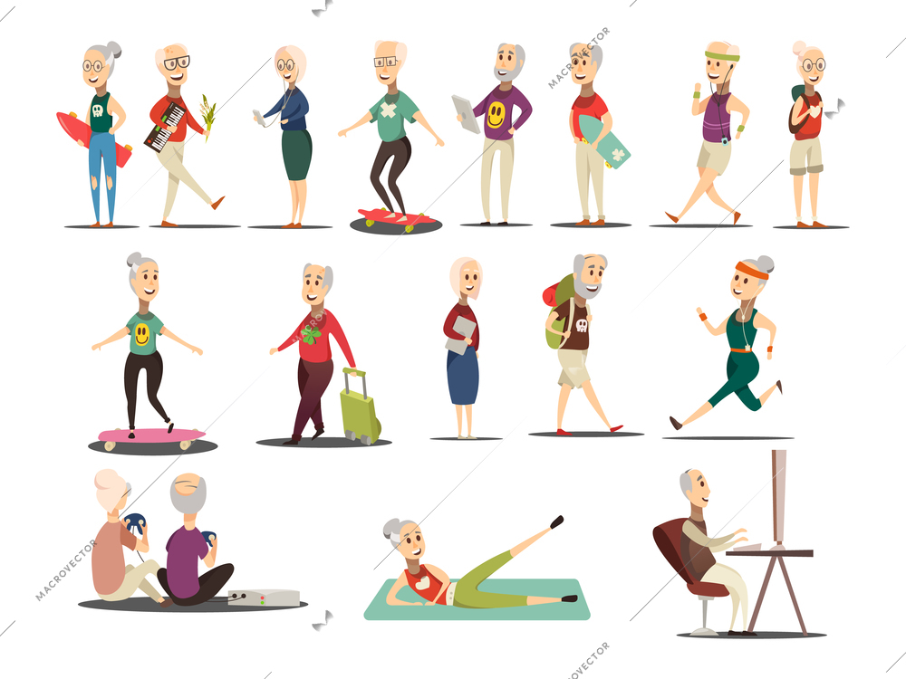 Elderly people concept icons set with travel and tourism symbols cartoon isolated vector illustration