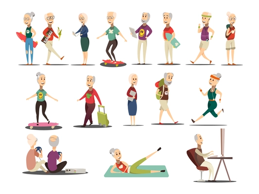 Elderly people concept icons set with travel and tourism symbols cartoon isolated vector illustration