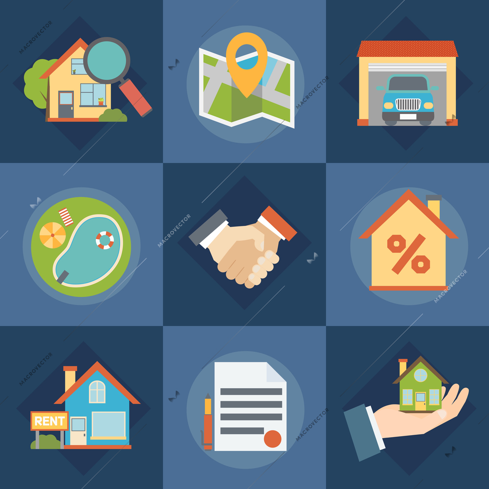 Real estate and realtors icons set with contract symbols flat isolated vector illustration