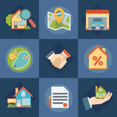 Real estate and realtors icons set with contract symbols flat isolated vector illustration