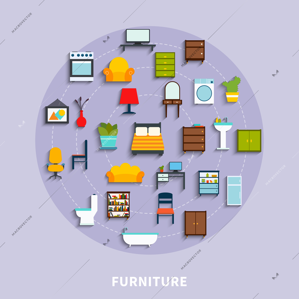 Furniture concept with sofa mirror bath and sink flat  vector illustration