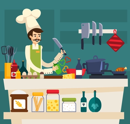 Colored cafe worker composition with the chef prepares meals in kitchen of the restaurant vector illustration