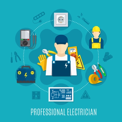 Electrician round composition with voltmeter and work tools, plug socket, electrical circuit on blue background vector illustration