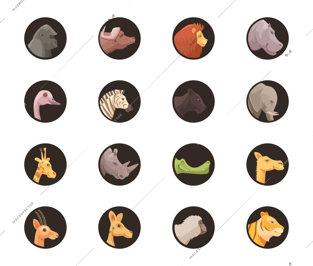 Social network avatar animals icon set of isolated circle shaped wild animal heads in cartoon style vector illustration