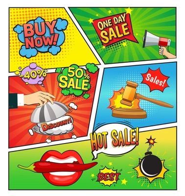 Hot sales comic book page with speech bubbles cloche gavel bomb on divided colorful background vector illustration