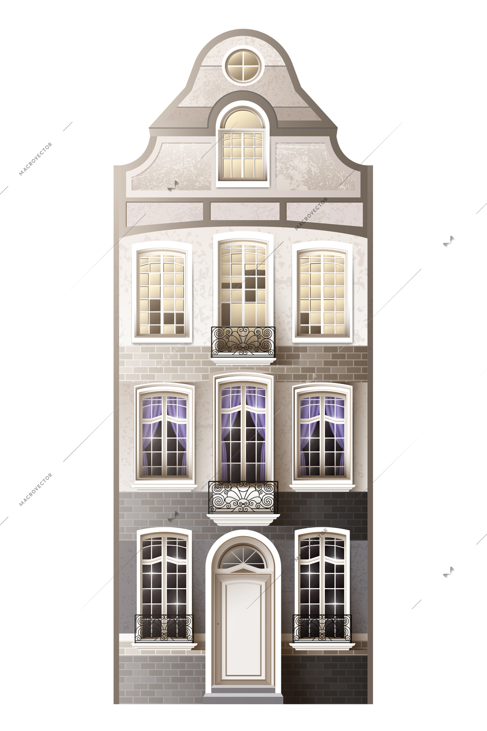 Old european facade house composition with isolated flat three storeyed building with mansard type attic floor vector illustration