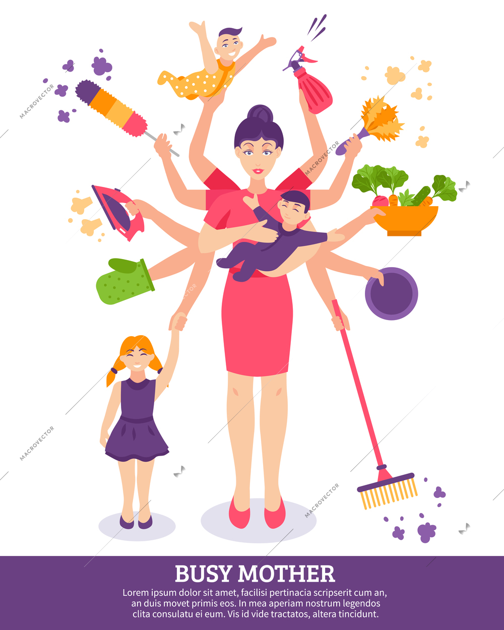 Busy mother concept with children household items and toys flat vector illustration