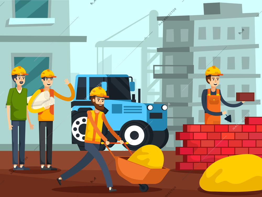 Workers with foreman on construction site building brick wall with urban houses and crane background flat vector illustration