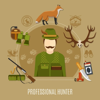 Professional hunter concept with uniform rifle and knife flat vector illustration