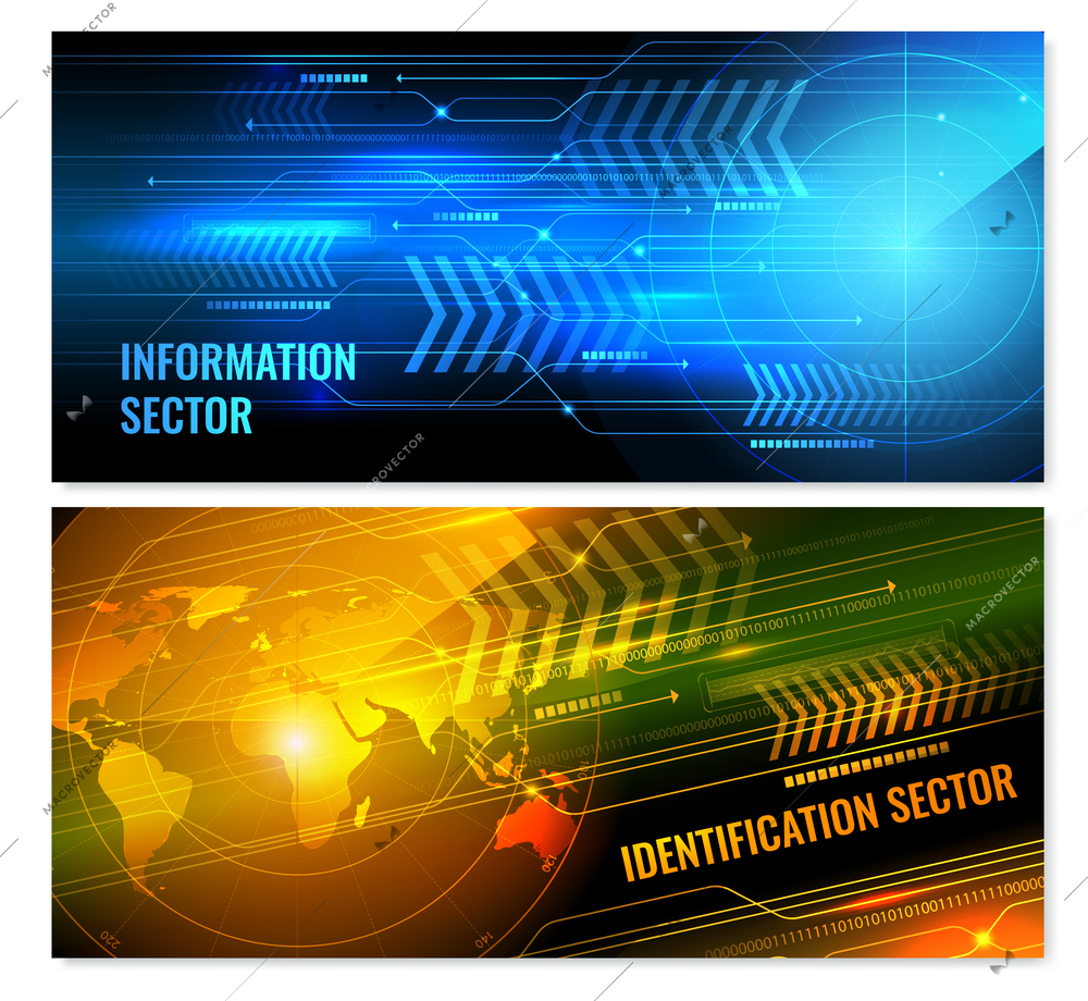 Search radar horizontal banners with glowing screen elements including information sector and world map isolated vector illustration