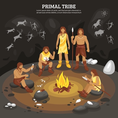 Primal tribe people with cave painting symbols flat vector ilustration