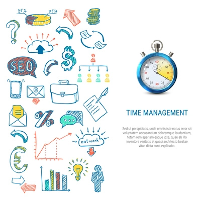 Time management concept with colorful hand drawn business icons 3d stopwatch on white background isolated vector illustration