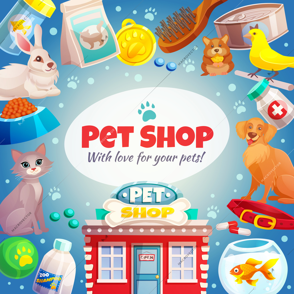 Pet shop frame with logo, animals, food and goods care, store building on blue background vector illustration