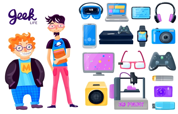 Geek life accessories cartoon icons set with 2 nerd characters gadgets loudspeaker smart watch glasses isolated vector illustration