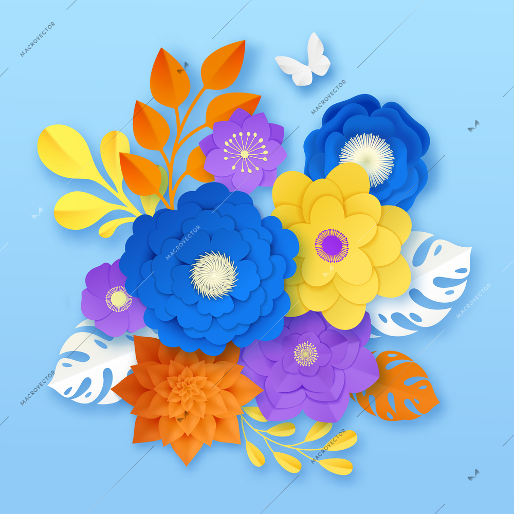 Cut paper flowers handcraft ornamental composition sample in yellow white orange purple on blue background vector illustration