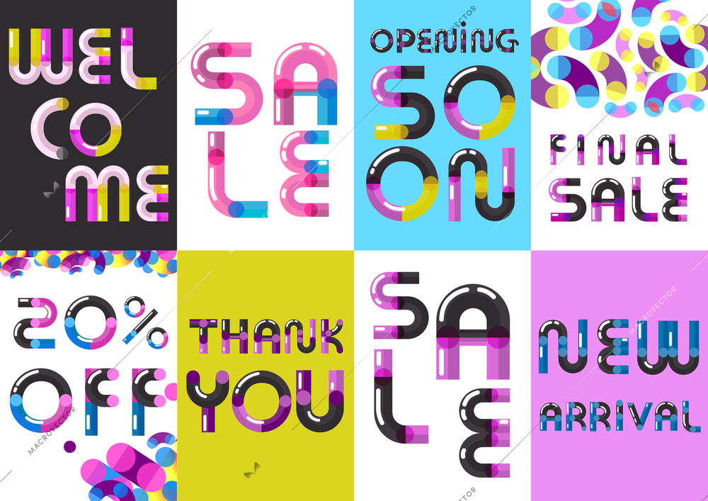 Sale advertisement 8 creative banners with calling attention conspicuous text font and colorful background isolated vector illustration